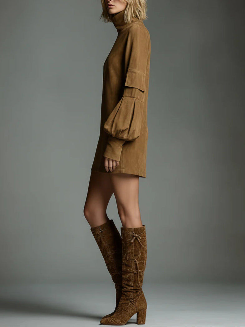 Bibiane | Mini Vestido Oversize de Ante con Cuello Alto