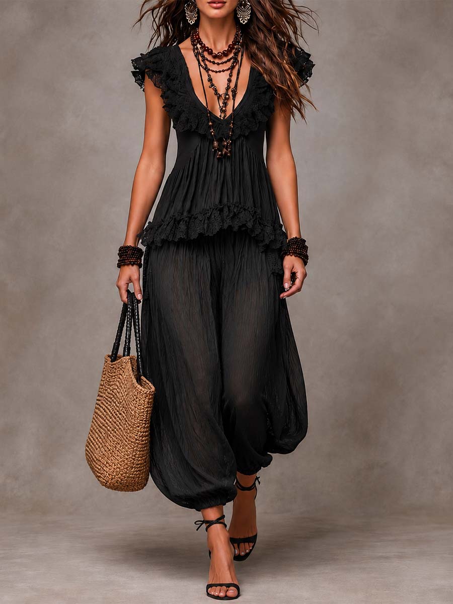 Conjunto de Top de Encaje de V-Cuello Bohemio Negro y Pantalones Harem