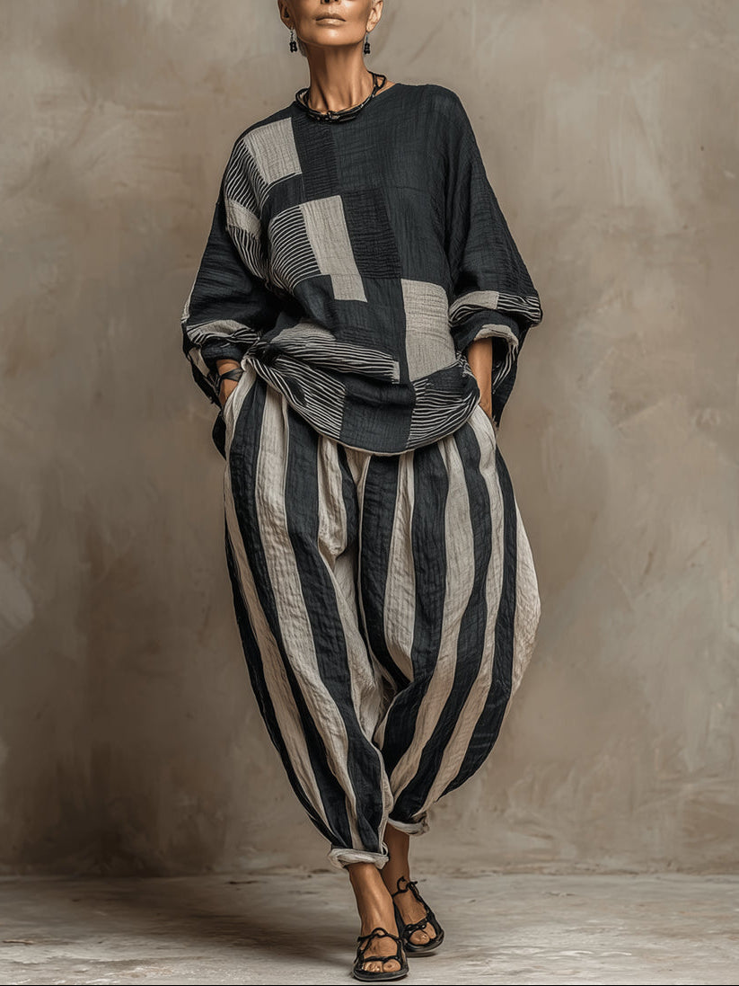 Conjunto de Top y Pantalones de Manga Larga con Estampado de Color Block