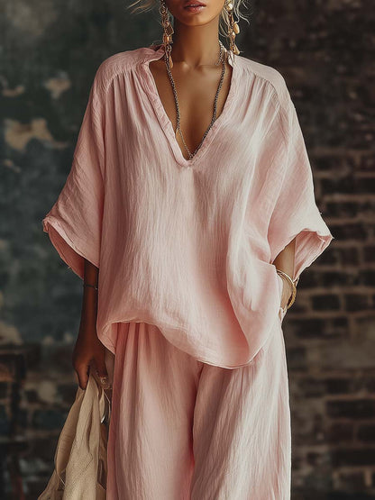 Conjunto de Camisa Rosa Casual con Cuello en V y Pantalones