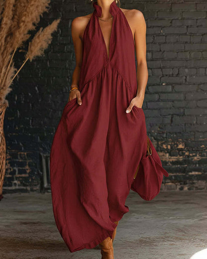 Vestido 100% Algodón Sin Mangas Cuello Alto Sólido Maxi