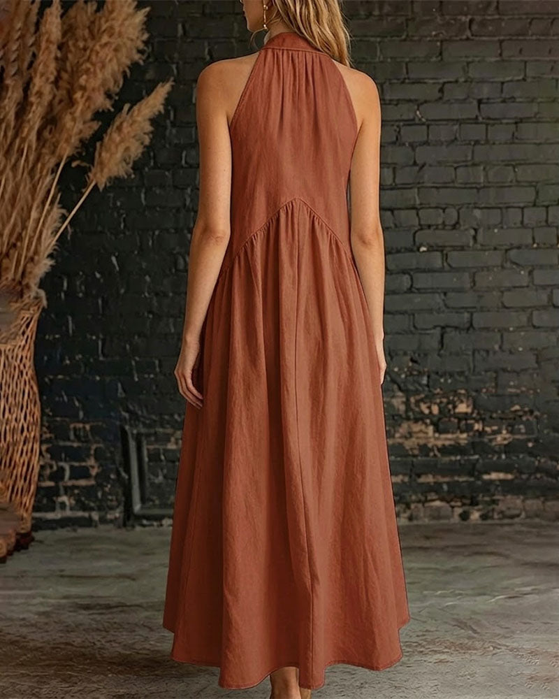Vestido 100% Algodón Sin Mangas Cuello Alto Sólido Maxi