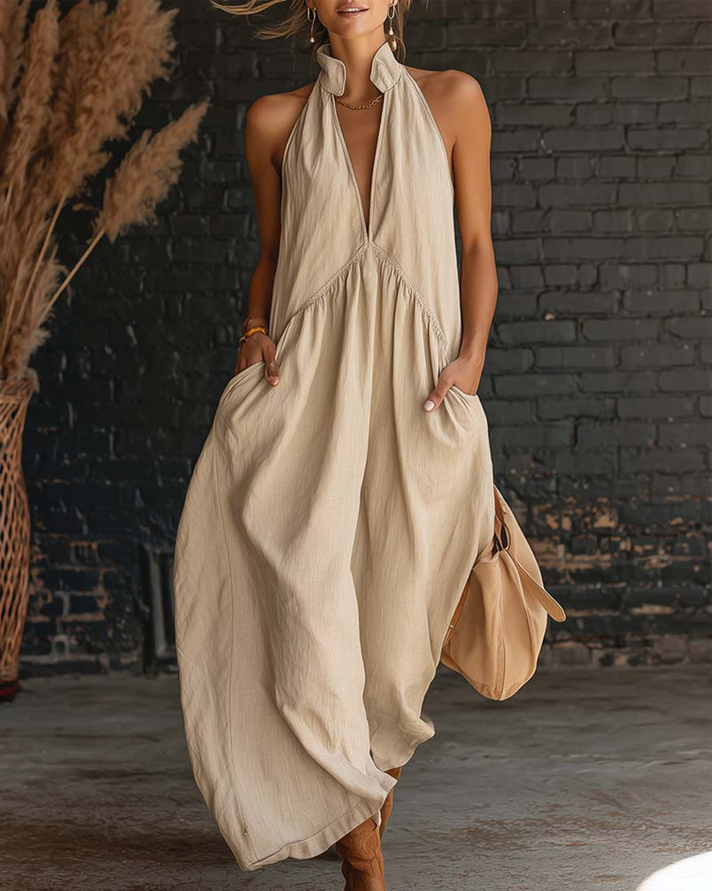 Vestido 100% Algodón Sin Mangas Cuello Alto Sólido Maxi