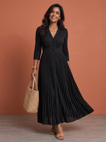 Elvire | Vestido Largo Plisado con Solapas y Cintura Alta