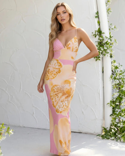 Vestido Maxi de Tirantes Espagueti con Corte en la Espalda y Estampado Floral Rosa