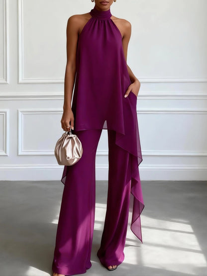 Conjunto de Top Elegante Sin Mangas y Pantalones en Color Púrpura
