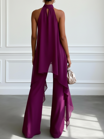 Conjunto de Top Elegante Sin Mangas en Color Púrpura con Pantalones
