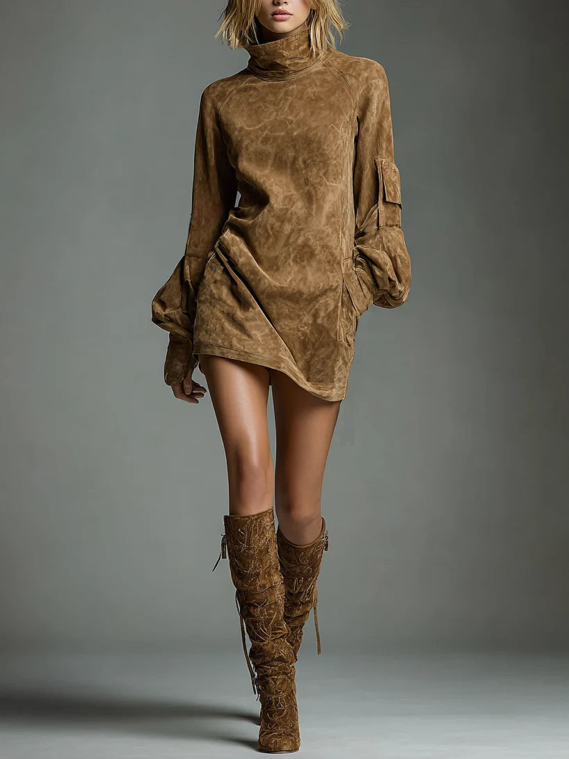 Bibiane | Mini Vestido Oversize de Ante con Cuello Alto