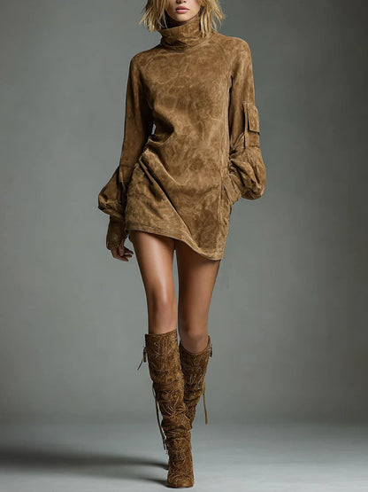 Bibiane | Mini Vestido Oversize de Ante con Cuello Alto