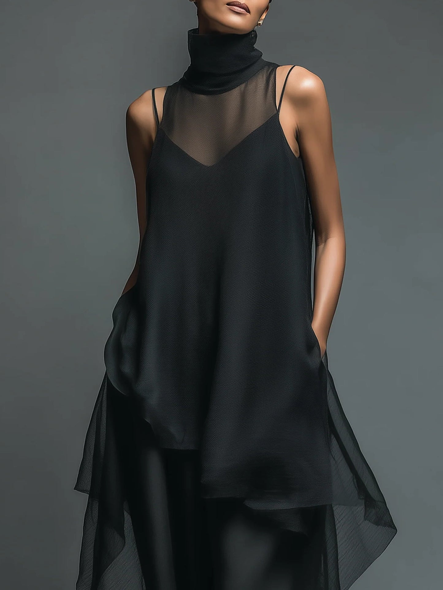 Vestido Largo Minimalista Negro de Fibra de Acetato Imitado, Combinado con un Cubresuelos de Chiffon - Conjunto de Dos Piezas