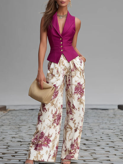 Conjunto de Chaleco Sin Mangas Rosa Claro y Pantalones Anchos con Estampado Floral