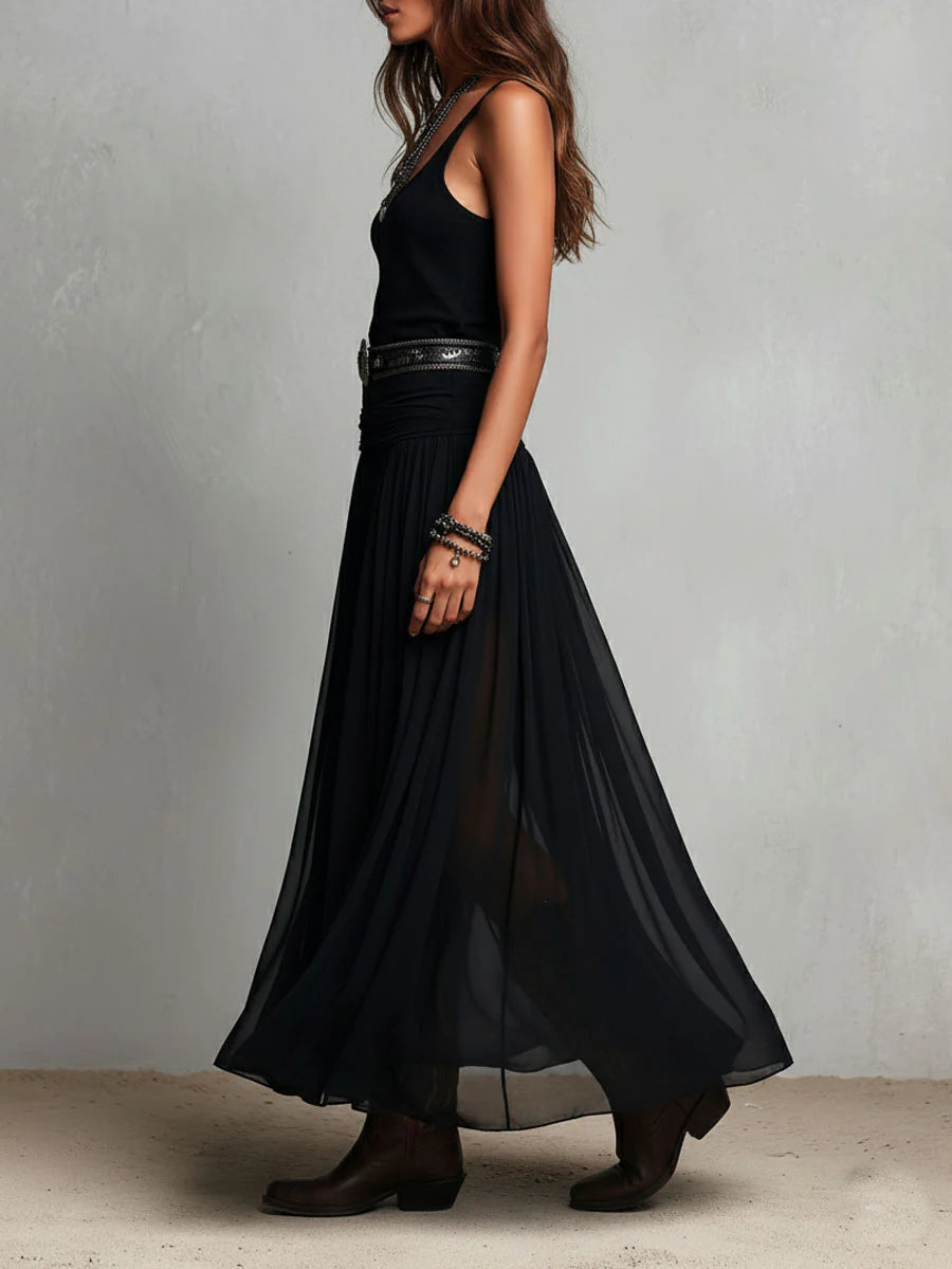 Vestido Maxi Sin Mangas Negro con Falda de Tul (con cinturón)