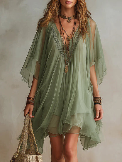 Vestido Mini Fluido de Chiffon Verde con Escote en V