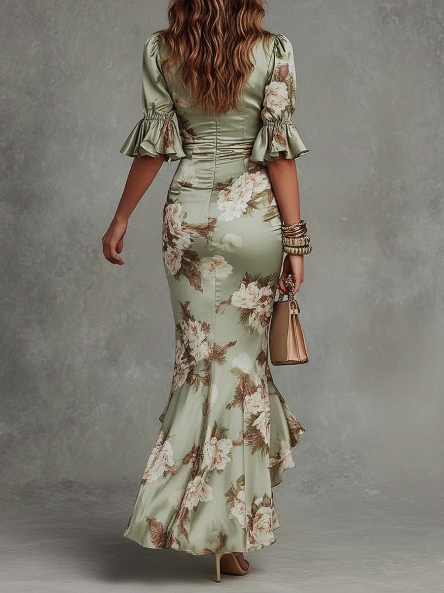 Vestido Maxi Asimétrico de Satén Verde con Volantes y Mangas de Campana en V