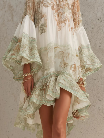 Vestido Mini de Chifón con Volantes y Mangas de Volante en Verde
