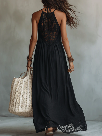 Vestido Maxi Sin Mangas de Encaje Negro Bohemio