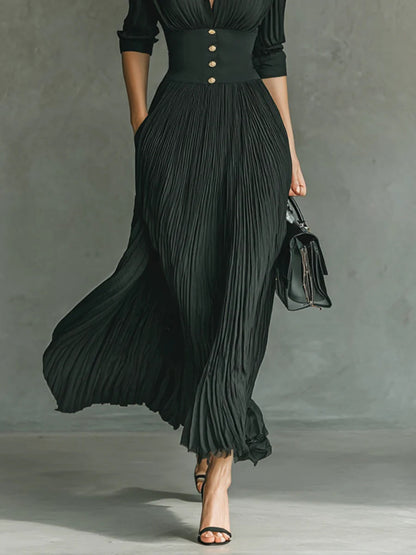 Elvire | Vestido Largo Plisado con Solapas y Cintura Alta