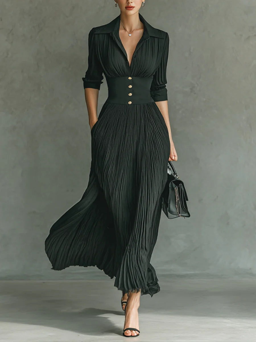 Elvire | Vestido Largo Plisado con Solapas y Cintura Alta