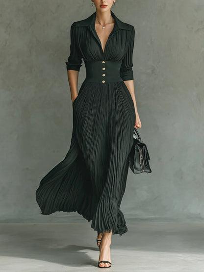 Elvire | Vestido Largo Plisado con Solapas y Cintura Alta