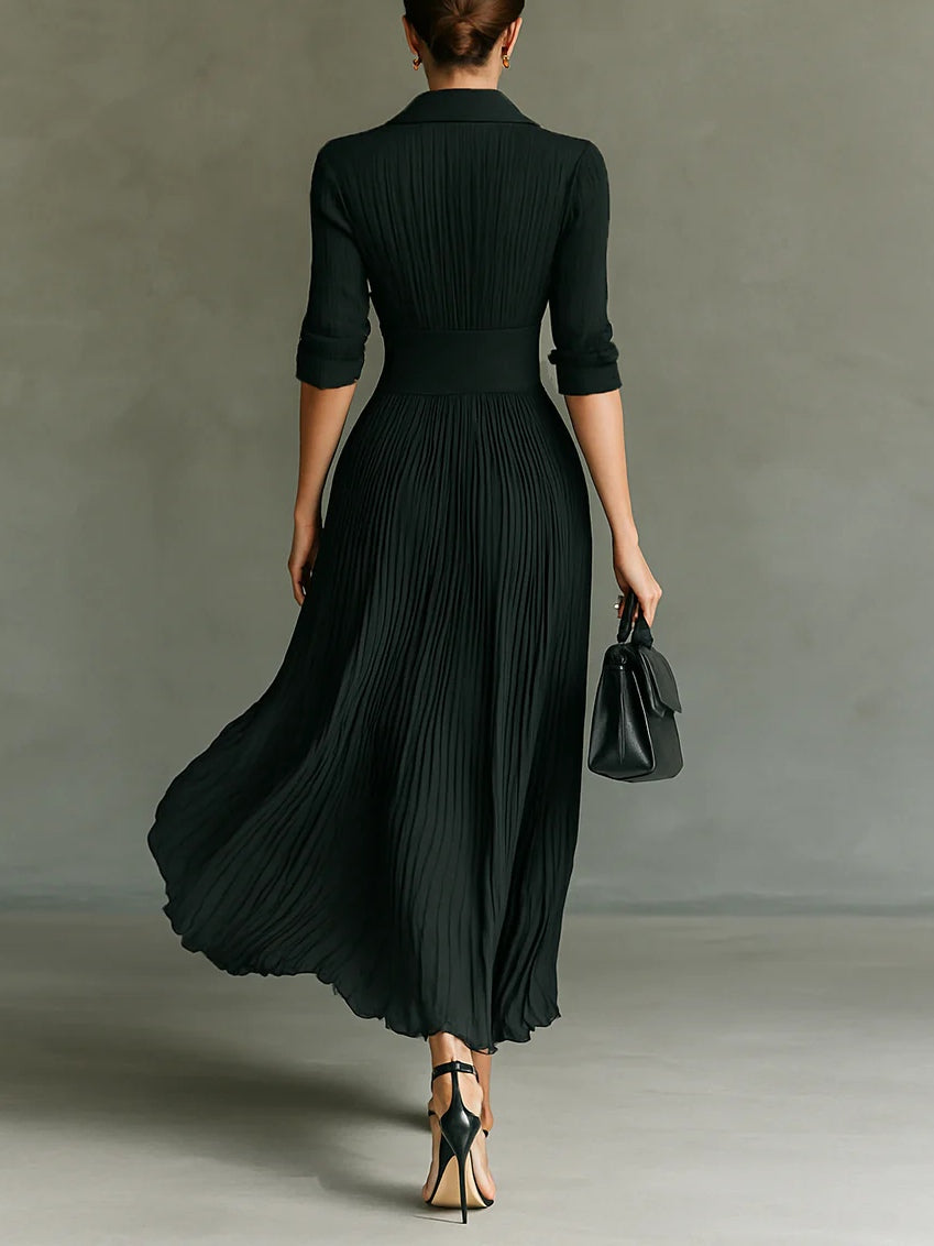 Elvire | Vestido Largo Plisado con Solapas y Cintura Alta